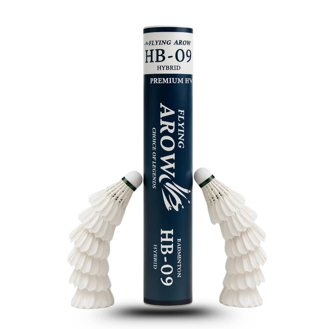 Flying Arow HB-09 Hybrid 3in1 Shuttlecock closeup view showing the feather, nylon, and cork construction.