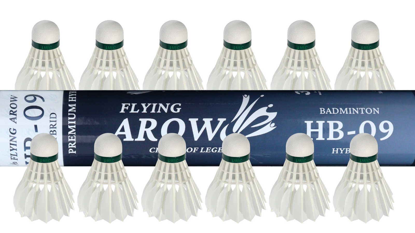 Flying Arow HB-09 Hybrid Shuttlecock tube packaging (Pack of 12) with speed 76 and 77 options.