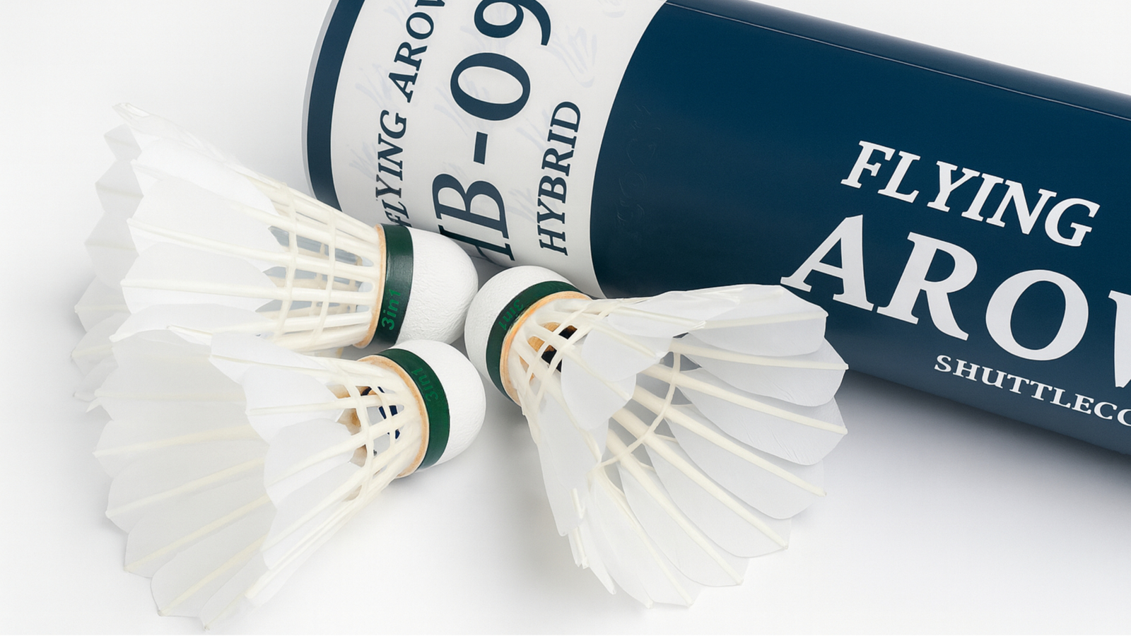 Flying Arow HB-09 Hybrid 3in1 Shuttlecock closeup view showing the feather, nylon, and cork construction.