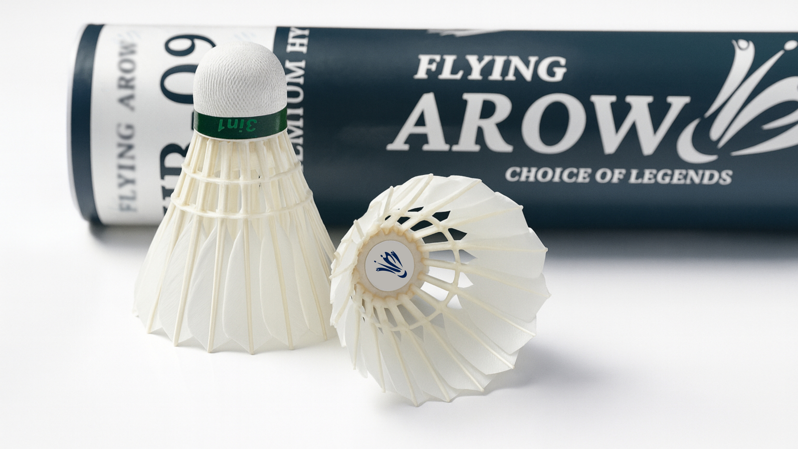 Two Flying Arow Hybrid 3in1 Shuttlecocks with natural cork base for training and club use.