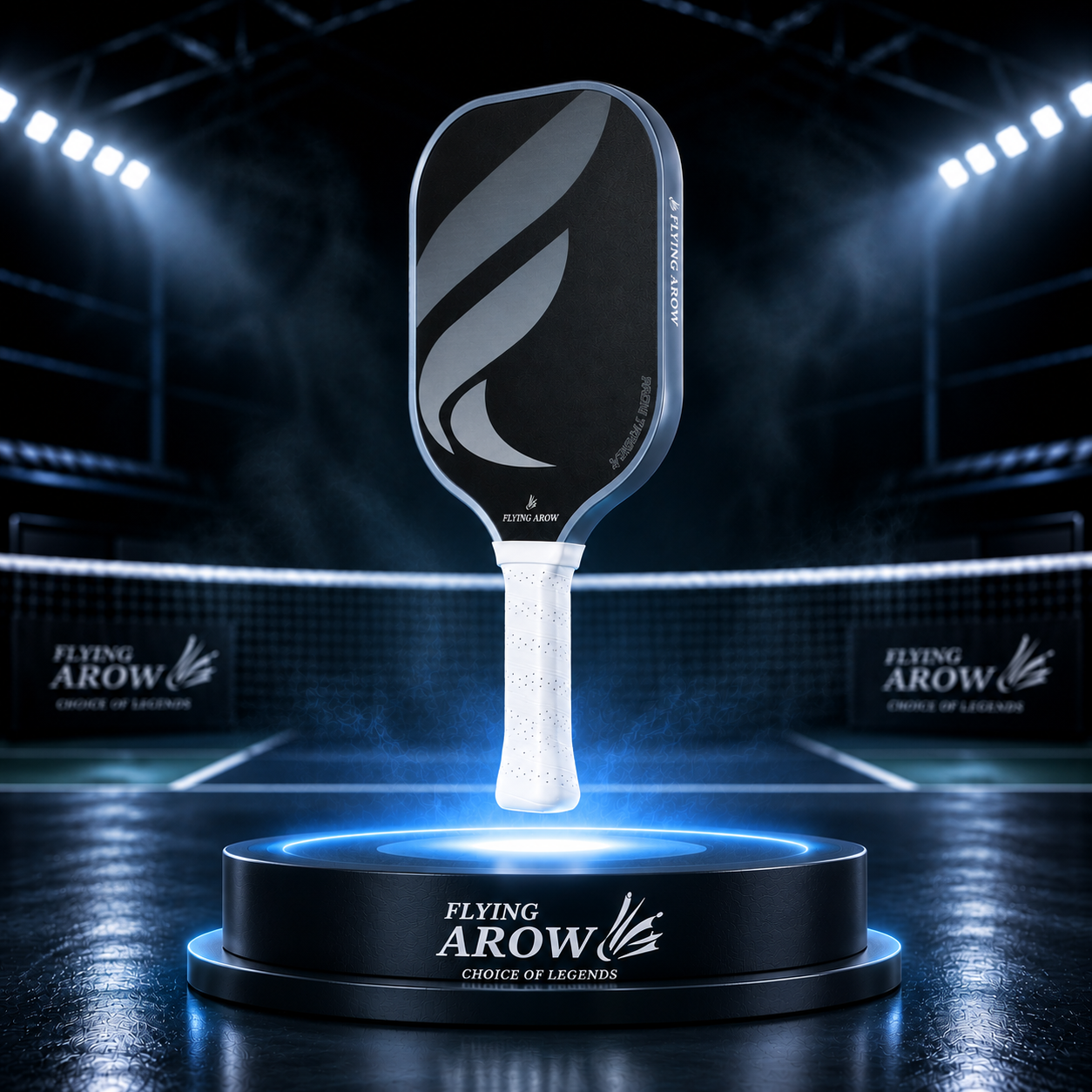 Flying Arow premium pickleball paddle featuring carbon performance face, polymer honeycomb core and ergonomic comfort grip for superior power and control